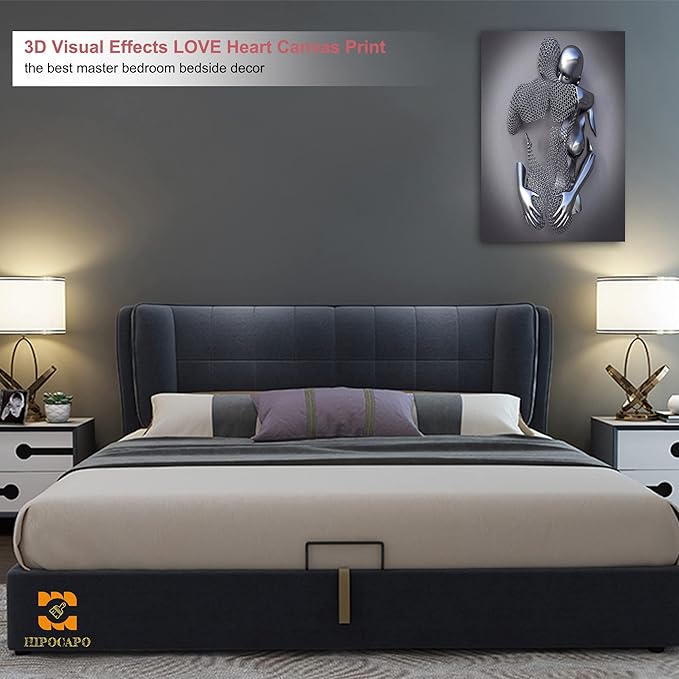 HIPOCAPO 3D Metal Effect Wall Art - Wall, Silver Modern Abstract Hug Lovers Painting Picture Poster Prints for Bathroom, Romantic Couple Living Room Canvas Framed 24''x36''x1Pcs 3d Art-14