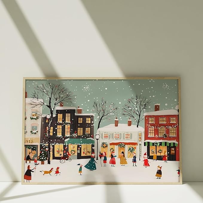 OZCONO Retro Christmas Village Art, Festive Winter Town Decor, Cheerful Holiday Home Accent, Snow Noel Print, Charming Seasonal Wall Artwork for Cozy Interior Style (Unframed) (11x14)