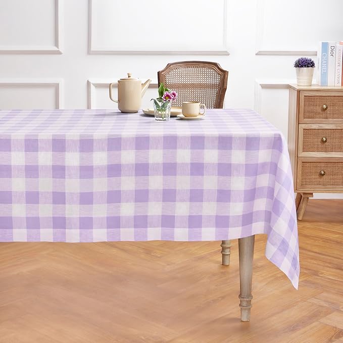 Solino Home Linen Checkered Tablecloth 60 x 120 Inch - 100% Pure Linen Buffalo Plaid Misty Lavender Table Cloth for Rectangular Tables - Machine Washable Tablecloth