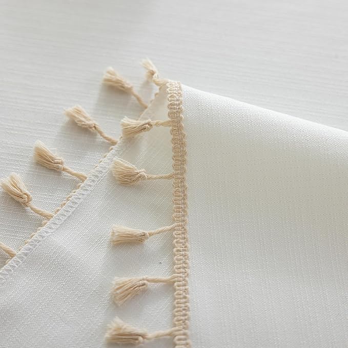 Heavy Duty Cotton Tablecloth Soft Wrinkle Resistant Fabric with Decorative Tassles Fringe for Kitchen Dining Table, Natural White, 55x55 Inch,1 Pack