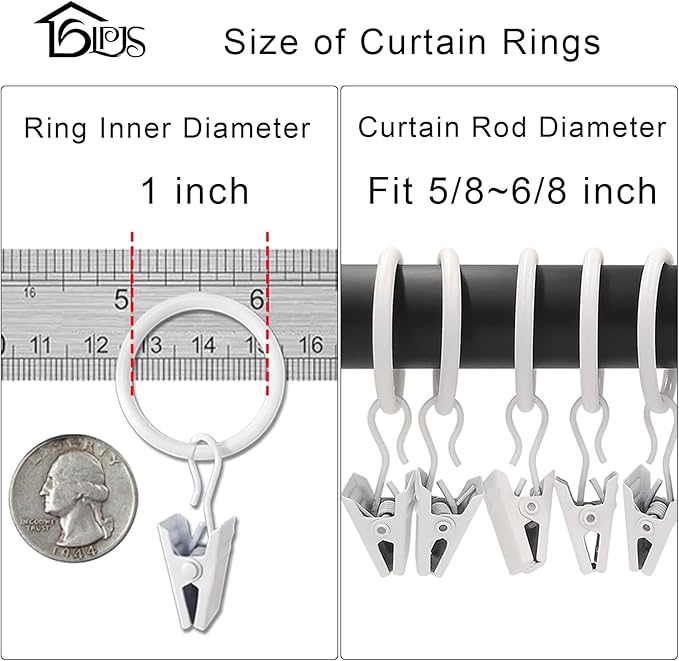 100 Pack Curtain Rings with Clips, Curtain Clip Rings Hooks, Bow Hanger Clips for Hanging Drapery Drapes Bows, Ring 1 inch Interior Diameter, Fits up to 5/8" Rod, White