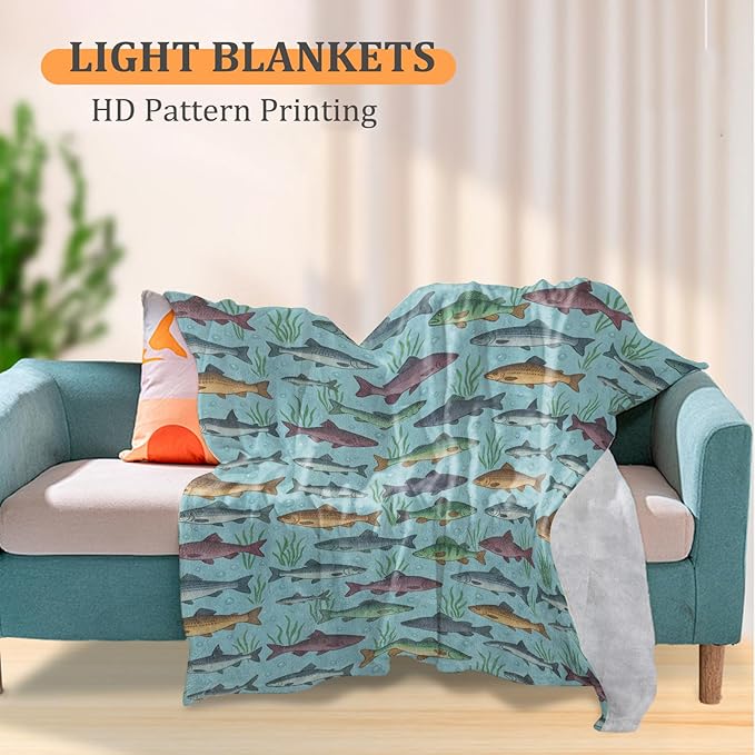Colorful Fish Blanket, Aquatic Ocean Theme 50 x 40 Inch Flannel Throw Blanket, Gifts for Women Kids, Lightweight Cozy Warm Blankets for Sofa Travel Home Decor