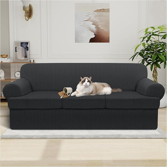 Waterproof Couch Cover 4-Piece Set Striped Sofa Slipcovers for 3 Separate T Cushion Couch - TPU Fabric Sofa Covers Leakproof Couch Protector for Kids, Pets(3 Cushion Sofa, Dark Gray)