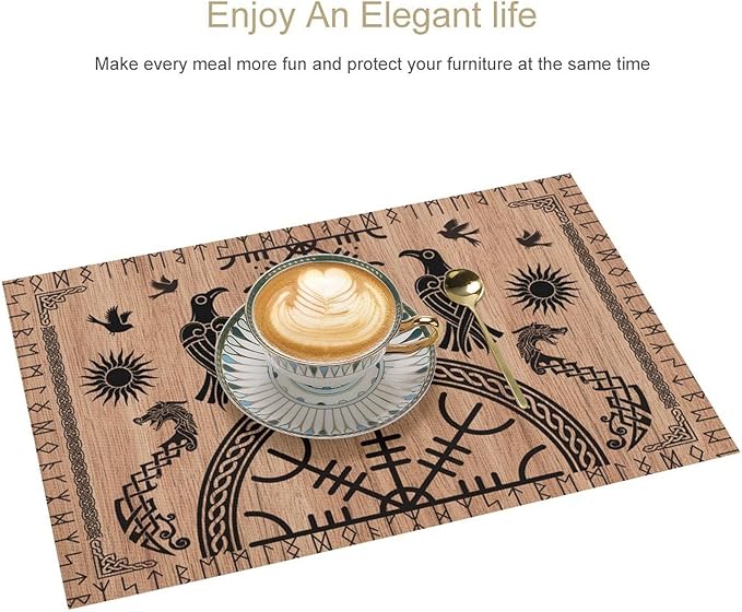 Viking Placemat Set of 6, 12x18 Inch Rustic Wooden Tree of Life Nordic Mythology Raven Helmet of Awe Dragon Black Rustic Coffee Table Mats for Outdoor Farmhouse Kitchen Dining Table Decoration