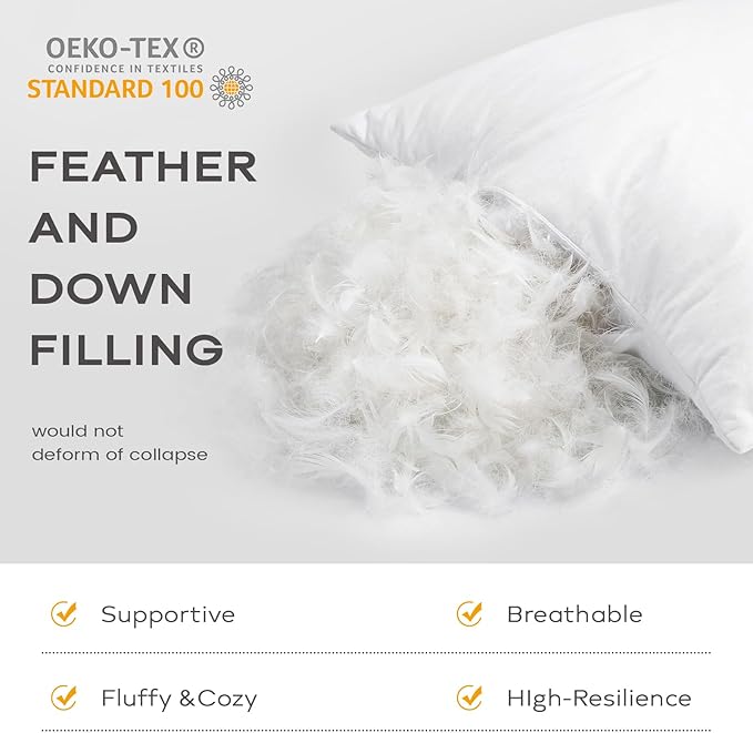 SAVORI Set of 2 Down and Feather Throw Pillow Inserts 26x26 Soft Fluffy Pillow Inserts with 100% Down-Proof Cotton Cover, Decorative Square Cushion Inner for Sofa Couch Bed-White