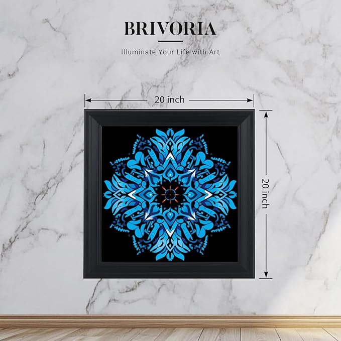 Brivoria Mandala Wall Art Home Decor, Large Framed Blue Azure Mandala Statement Piece, Modern Spiritual Wall Decor for Living Room Entryway Office or Meditation Area, Peaceful Center Display, 20x20