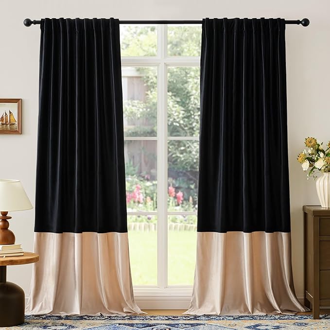 Velvet Curtains for Living Room Black Champagne Beige 63 inches Long,2 Panels Blackout Curtains Modern Color Block Back Tab Rod Pocket Soundproof Drapes for Bedroom Window Decor