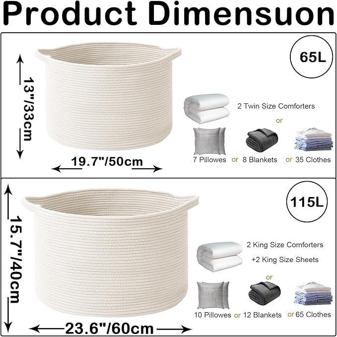 Large Blanket Basket for Organizing,65L Closet Organizers and Storage Bins Box for Shelves Woven Rope Storage Baskets,Living Room,Bedroom,Dorm,Laundry room (White)