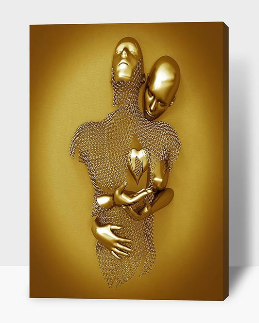 3D Wall Art- Love Heart 3D Metal Canvas Art, Gold Modern Abstract Hug Lovers Painting Picture Poster Prints for Bathroom, Romantic Couple Living Room Canvas Wall Art Framed 18”x24”x1Pcs