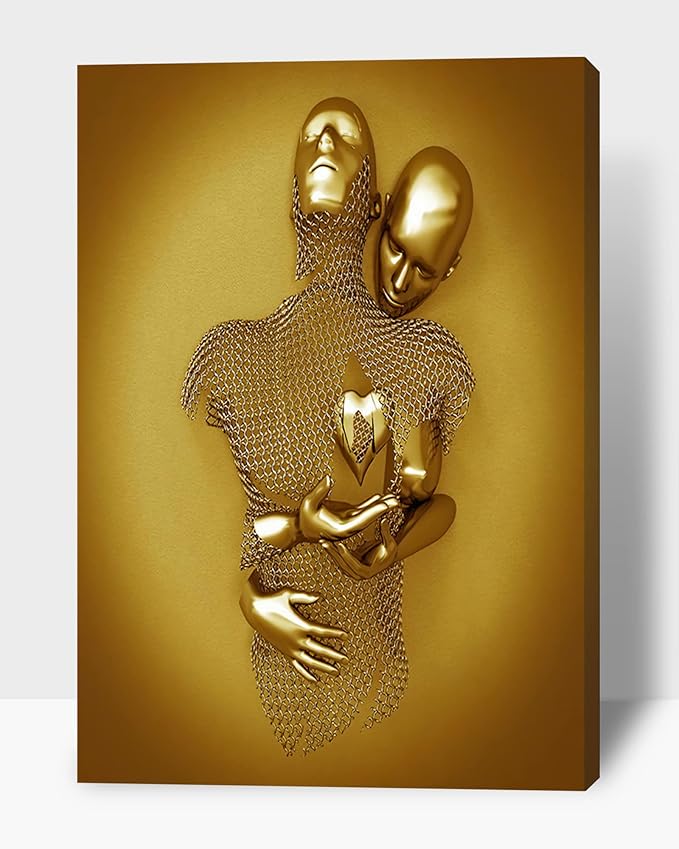 3D Wall Art- Love Heart 3D Metal Canvas Art, Gold Modern Abstract Hug Lovers Painting Picture Poster Prints for Bathroom, Romantic Couple Living Room Canvas Wall Art Framed 24”x36”x1Pcs