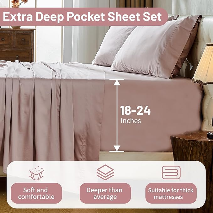 MEISHANG Extra Deep Pocket Cotton Sheets King Size - 100% Egyptian Cotton 1000 Thread Count - Fits 18"-24" in Deep Mattress,Oeko-Tex Certified, Soft & Breathable - 4 Piece (King, Dusty Pink)