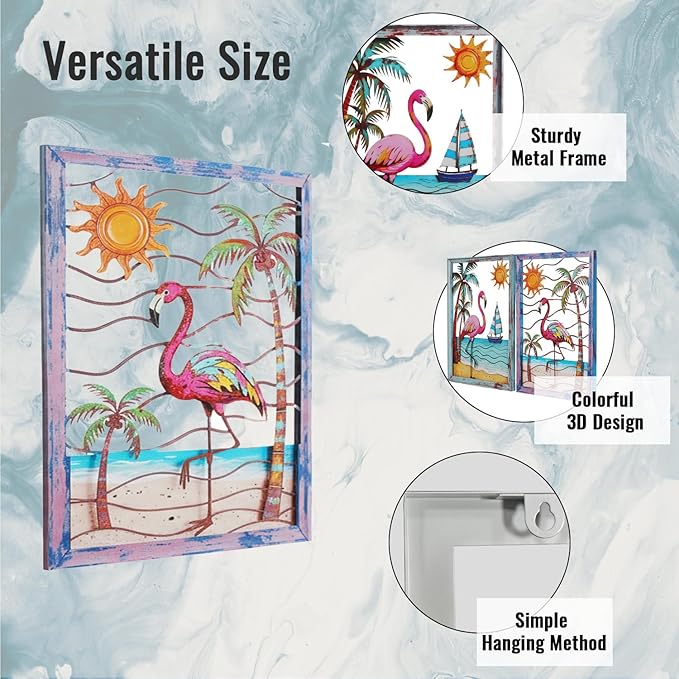 Newinhome Metal Wall Art Flamingo Tropical Boho Wall Decor 2 Pack Flamingo Hanging Artwork Theme for Living Room Bathroom Patio Yard Housewarming Gift