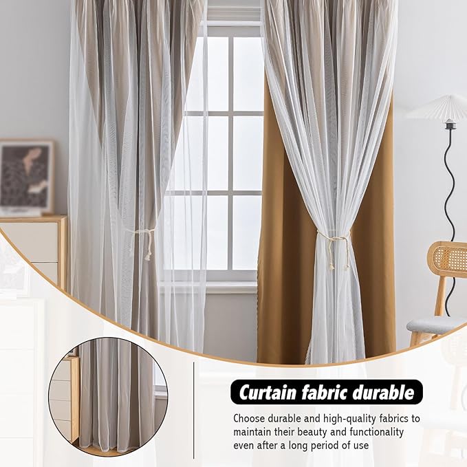 Anytime Home Curtains Blackout and Sheer Layered Solid Window Curtain Panel Pair with Grommet Top, 52Wx95L,Coffee
