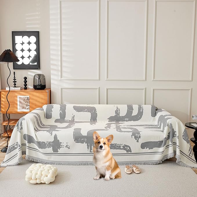 ROOMLIFE Grey Boho Stripped Couch Cover, Modern Abstract Couch Covers for 3 Cushion Couch Sofa Pet Friendly, Large Chenille Sofa Cover for Sectional Sofa Washable Dog Couch Cover Protector 71"*134"