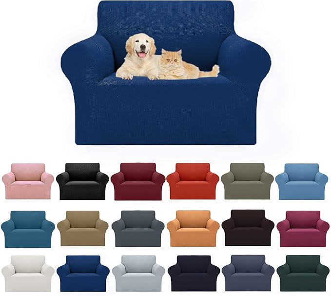 Cupuamon 2025 New Stretch Chair Sofa Slipcovers Couch Cover for 1 Seater Furniture Protector Sofa Covers with Elastic Bottom Jacquard Fabric Small Checks for Pets, Kids - Classic Blue