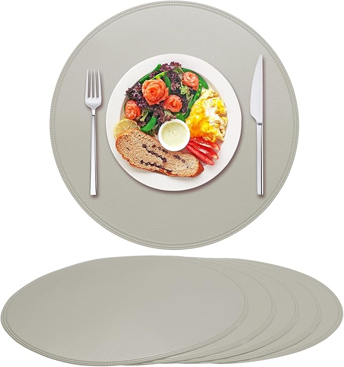 Round Vinyl Gray Placemats Set of 6, Faux Leather Waterproof Wipeable Heat Resistant Place Mats, Washable Table Mats for Halloween, Thanksgiving & Christmas Dinner(Gray)