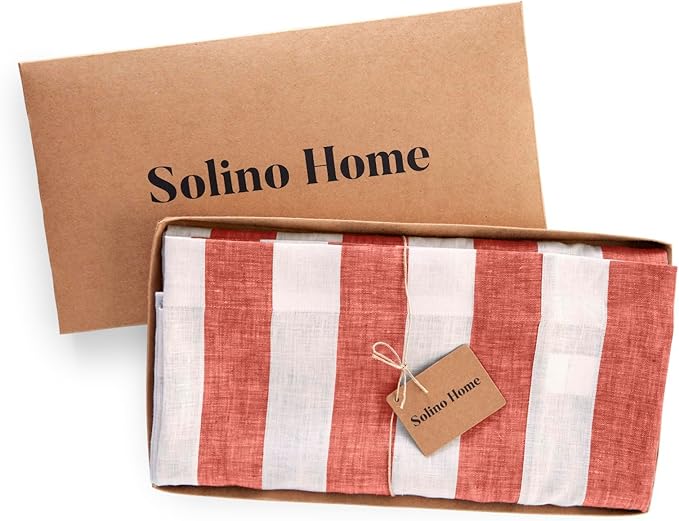 Solino Home Linen Square Tablecloth 52 x 52 Inch - Cabana Stripe, 100% Pure Linen Red and White Table Throw - Machine Washable Tablecloth for Christmas, Holiday, Winter