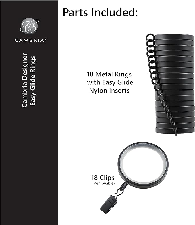 MODE Cambria Designer Series - Premium Easy Glide 18 Count Curtain Rings - Metal with Smooth, Quiet Nylon Inserts with Clips - 2 inch Diameter (1-5/8 inch Inside Diameter) - Oil Rubbed Bronze