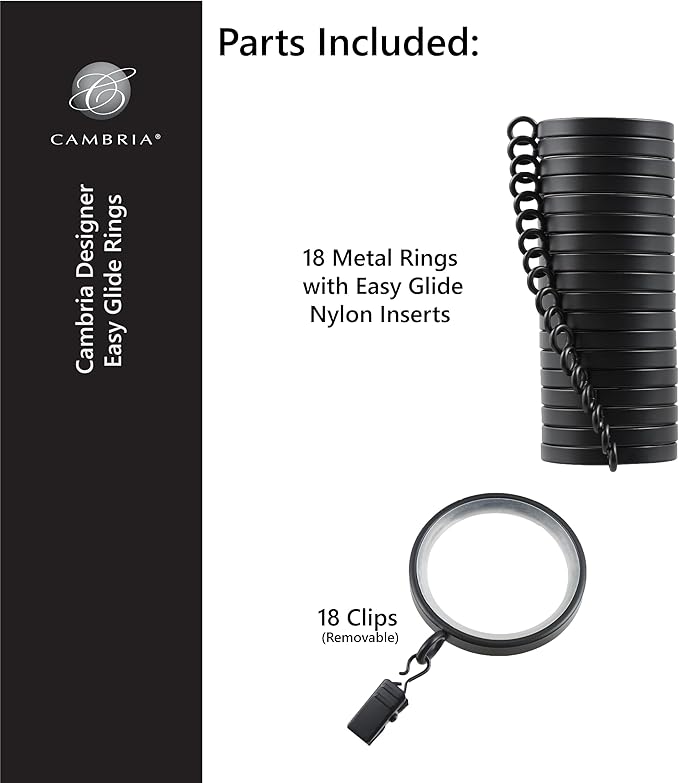 MODE Cambria Designer Series - Premium Easy Glide 18 Count Curtain Rings - Metal with Smooth, Quiet Nylon Inserts with Clips - 2 inch Diameter (1-5/8 inch Inside Diameter) - Matte Graphite