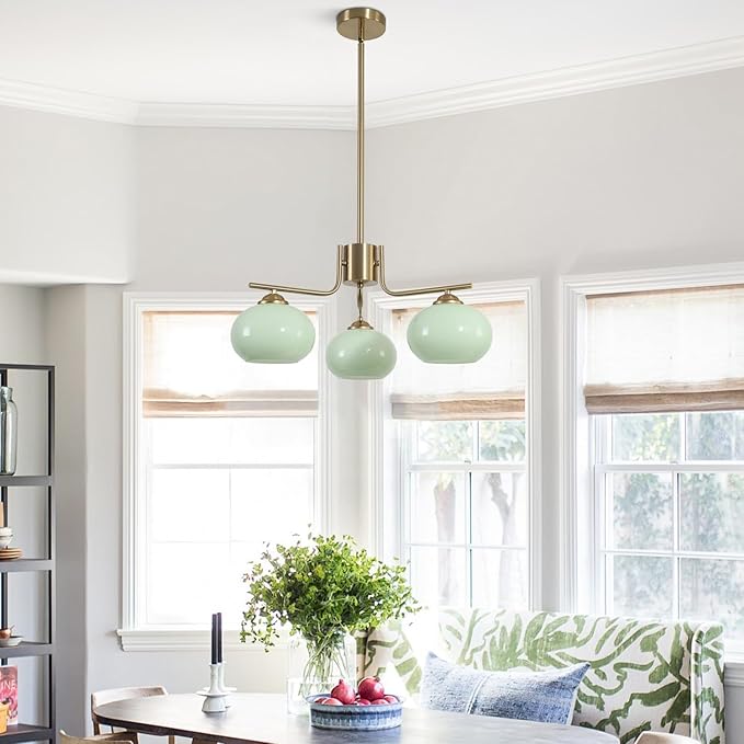 KCO Lighting Vintage Green Glass Chandelier 3 Light Globe Sputnik Chandeliers Modern Brushed Gold Chandelier Mid Century Flush Mount Chandelier Light Fixture