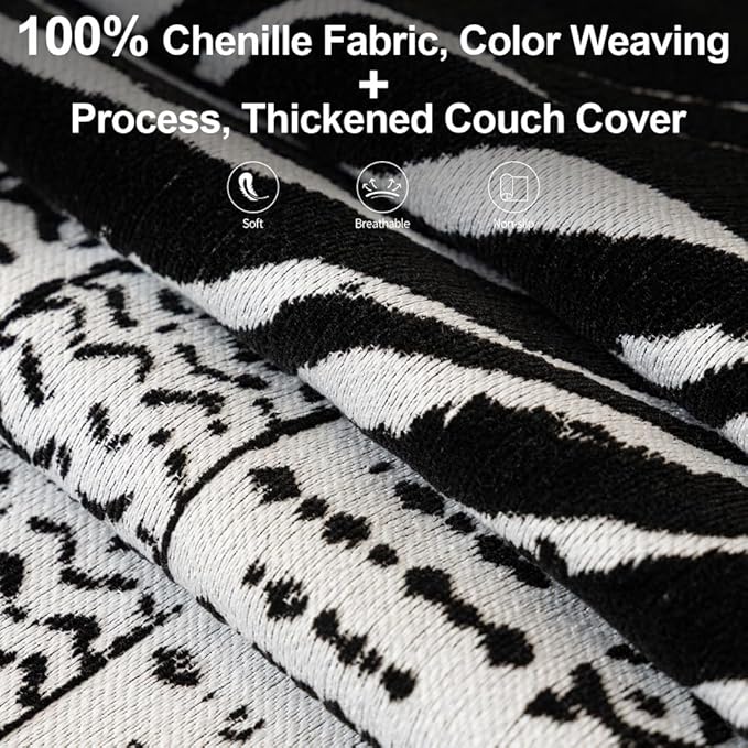 ROOMLIFE Boho Black Couch Covers for 3 Cushion Sofa, Chenille Couch Cover Sectional Sofa Cover for Dog, Washable Furniture Sofa Protector Cover Soft Blanket with Tassel for Living Room, 71 '' X 150''