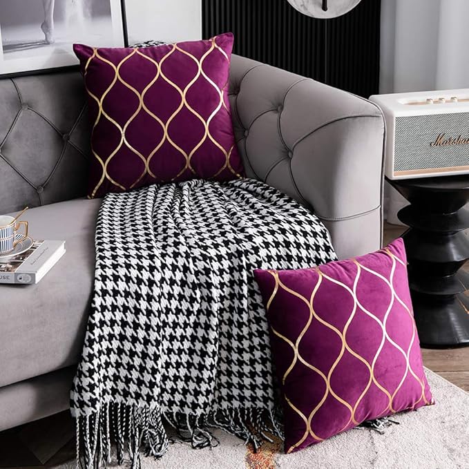 Gold Velvet Throw Pillow Covers Purple: 2 Pack 16x16 Inch Square Decorative Pillow Cases for Bedroom Sofa Couch Living Room