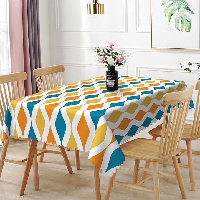 70x120inches Mid Century Tablecloth Orange Yellow Turquoise Geometric Stripes Table Cloth Waterproof Stain Resistant Rectangle Table Cover for Dining Room Home Decor Cafe Indoor Outdoor Use