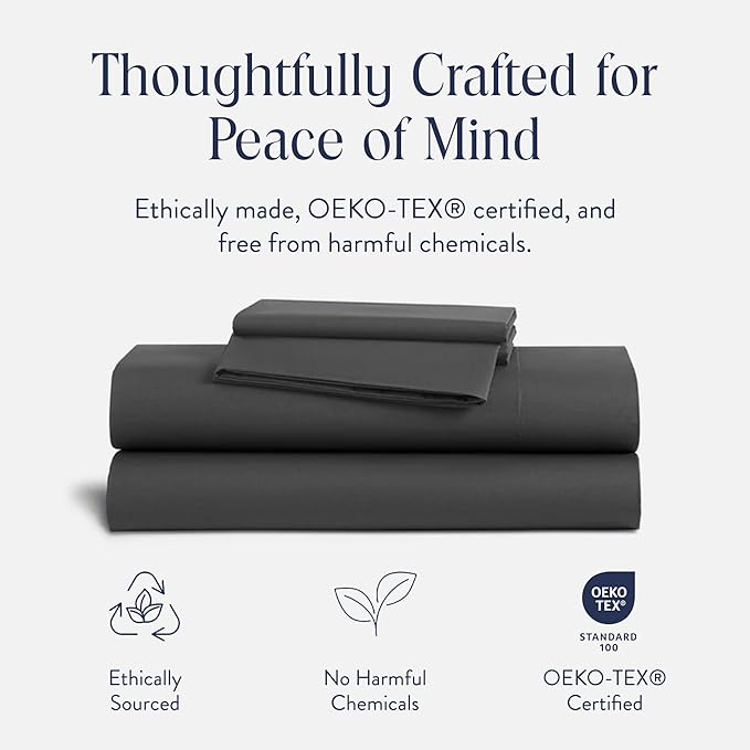 Brooklinen Luxury Sateen 4 Piece Sheet Set - 100% Cotton Bed Sheets, Soft & Durable Twin Sheets Set in Slate Grey, Oeko-TEX Certified Bedding Set, 1 Fitted Sheet, 1 Flat Sheet, 2 Pillowcases