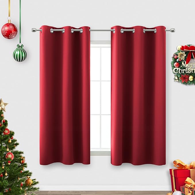 KOUFALL Red Kitchen Curtains,Short Blackout Window Curtains for Bathroom,45 Inch Length,Sets of 2 Piece