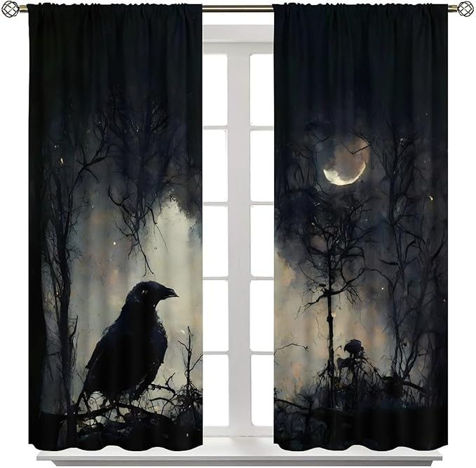 Gothic Halloween Crow Blackout Window Curtains, Black Birds Crow Crow Black Dark Decor Window Drapes, for Home Bedroom Living Room 31.5(W)*63(L) 2 Panels
