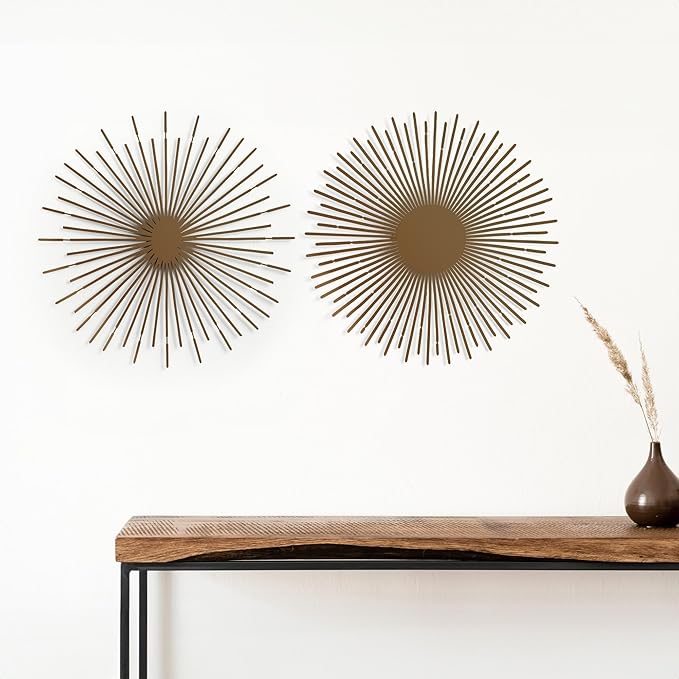 NEODECO Sun Rays-Double Metal Wall Art, Geometric Sun Decor, Metallic colors, Large 3D wall sculpture, model BC, Set of 2 (Bronze, Small)