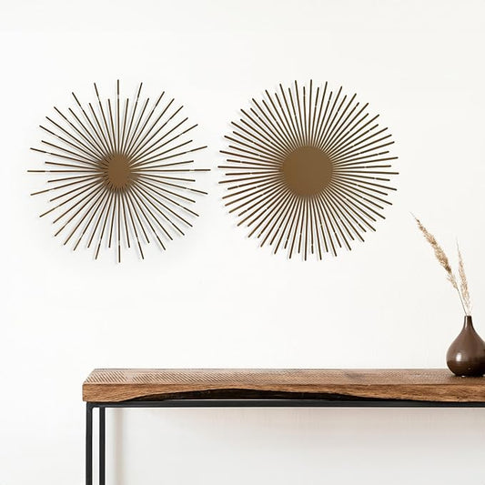 NEODECO Sun Rays-Double Metal Wall Art, Geometric Sun Decor, Metallic colors, Large 3D wall sculpture, model BC, Set of 2 (Bronze, Medium)