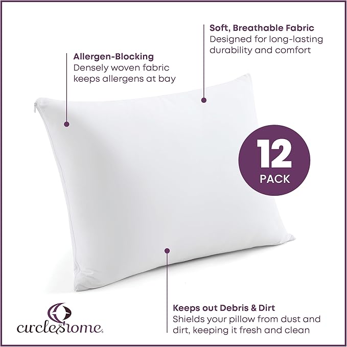 CirclesHome Pillow Protectors 12 Pack Queen Zippered - 100% Cotton Breathable Pillowcases - Protects Pillows from Dirt, Dust and Debris (Queen- Set of 12 - 20x30)