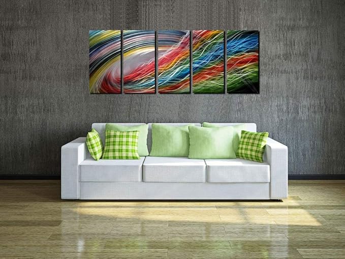 Panel Metal Wall Art with Colorful Wave Lines Design, Abstract Modern and Contemporary Décor, Unique Metal Wall Sculpture, Silver Aluminum Artwork, Indoor and Outdoor decoration, 5 panels 64"x24"