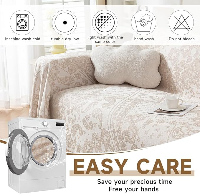ROOMLIFE Boho Beige Couch Cover for Dogs, Washable Non Slip Furniture Protector Couch Sofa Covers for 3 Cushion Couch, Soft Breathable Sofa Slipcovers Couch Cover Throw Blanket with Tassels71''X134''