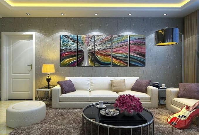 Unique Metal Wall Art with Colorful Fantastic Tree Design, Abstract Modern and Contemporary Décor, Metal Wall Sculpture, Silver Aluminum Artwork, Indoor and Outdoor decoration, 5 panels 64"x24"