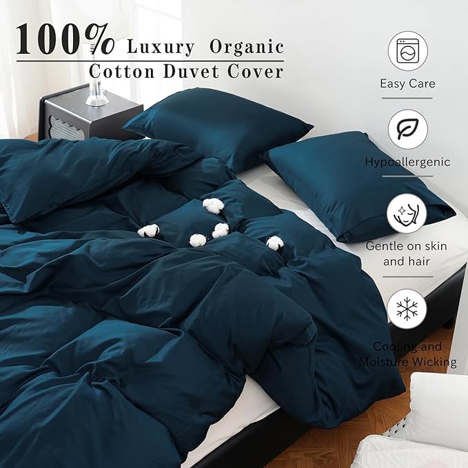 100% Organic Cotton Oversized King Duvet Cover 400 Thread Count Percale 120x98 Inches Sateen Comforter Cover Soft and Breathable Bedding Set 3 Piece（Navy,Oversized King）