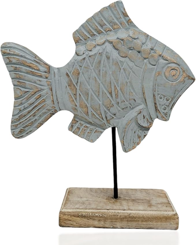 Farmhouse World Wooden Fish Sculpture Home Decor | Handmade Fish Statue on Base Stand Sea Nautical Beach House Decor Art Piece | Rustic Centerpiece Table Decor for Office, Living Room (Damsel Fish)