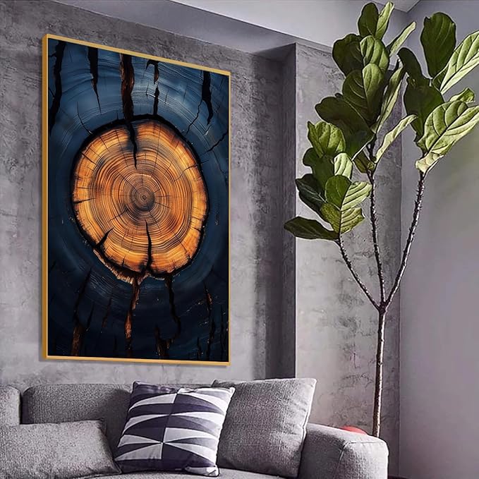 Tree Ring Framed Wall Art, Abstract Trees Ring Frame Canvas Print, Weathered Tree Poster, Nature Wall Art, Wood Texture Picture Wall Decor, Nature Home Art, Modern Farmhouse Decor (Gold Framed, 15"x23"|40x60cm)
