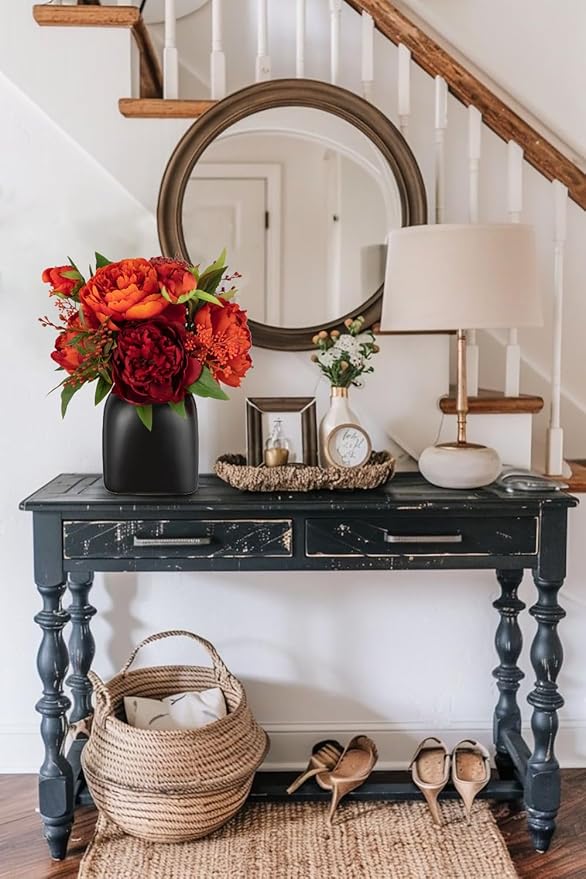 Fall Flowers in Vase Fall Table Centerpiece Faux Floral Arrangements Centerpiece Autumn Artificial Flowers with Vase Fall Flower Centerpieces for Tables Orange Silk Flowers Arrangement in Vase