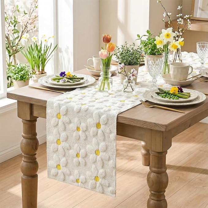 Artoid Mode White Soft Plush Faux Fur Jacquard Embroidery Daisy Spring Table Runner, Kitchen Dining Table Decoration for Home Party Decor 13x90 Inch