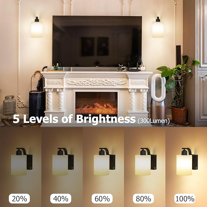 Wall Sconce Battery Operated Set of 2, 6000mAh Rechargeable Wall Lights with Touch Control and Remote Control, Wireless Wall Lamps for Bedroom, Black Sconces Wall Decor for Living Room Hallway