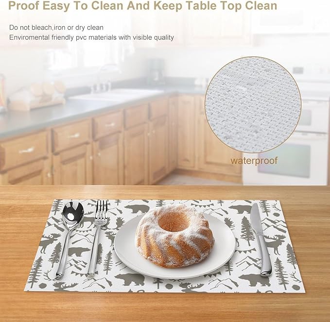 Retro Bear Placemat Set of 4, 12x18 Inch Vintage Grey Wildlife Aniamal Forest Tree Cabin Country Lodge Farmhosue Coffee Table Mats for Outdoor Kitchen Dining Table Decoration