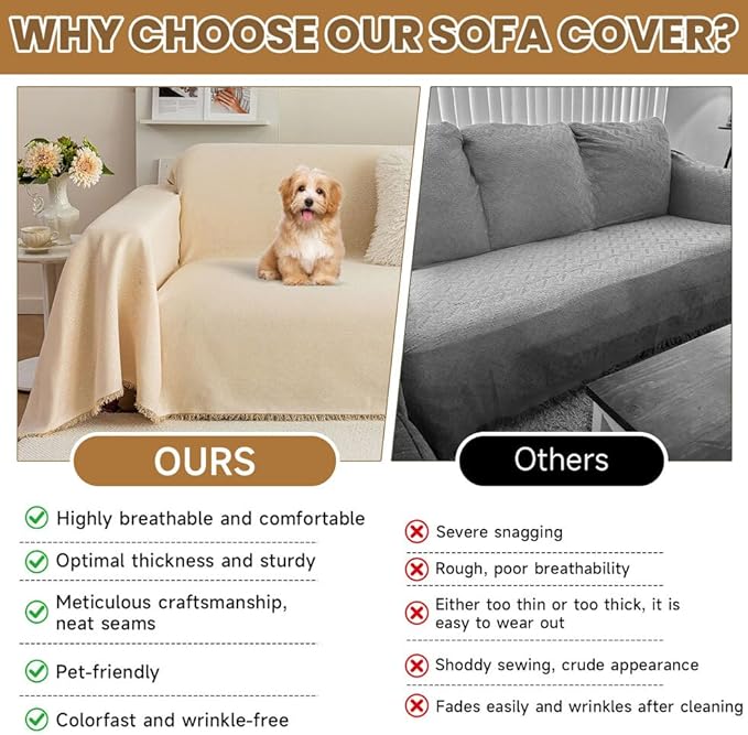 ROOMLIFE Boho Beige Couch Cover for Dogs, Washable Non Slip Furniture Protector Couch Sofa Covers for 3 Cushion Couch, Soft Breathable Sofa Slipcovers Couch Cover Throw Blanket with Tassels71''X118''