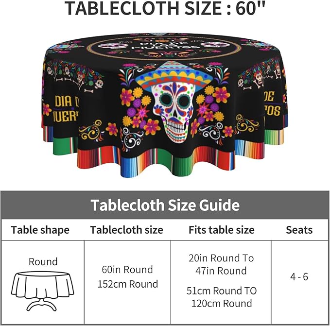 Mexican Round Tablecloth, Traditional Colorful Skull Floral Dia De Los Muertos Azulejo Mosaic Mexico Water Resisitant Table Cover for Dining Kitchen Living Room Home Party Holiday Decor 70 inch Round
