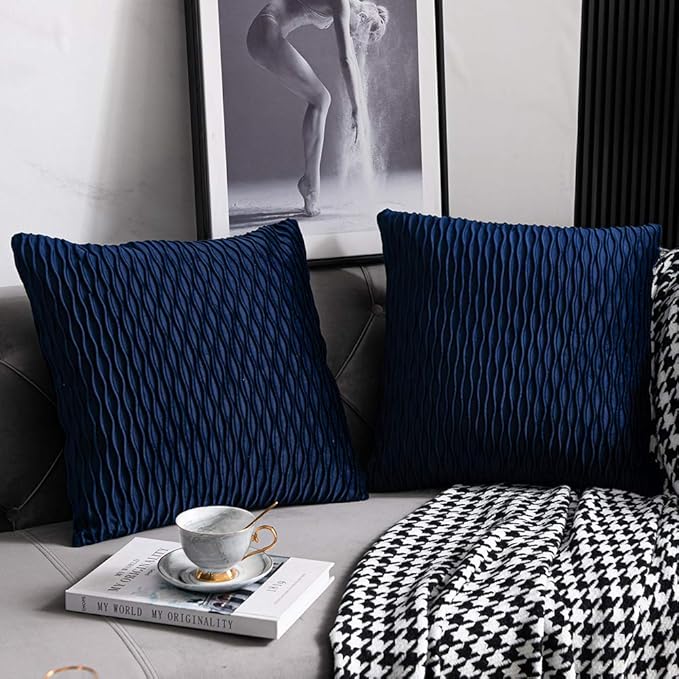 Navy Striped Couch Pillow Cases: 2 Pack 24x24 Inch Original Velvet Square Throw Pillow Covers for Farmhouse Home Decor
