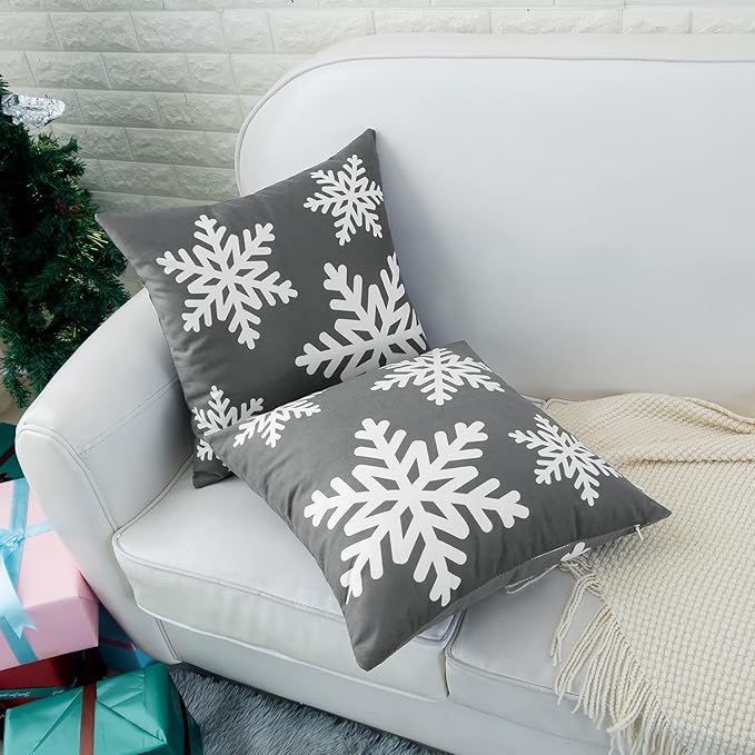 HWY 50 Grey Gray Decorative Throw Pillow Covers 16x16 Inch for Couch Sofa Living Room Bed, Soft Square Throw Pillows Cases Cushion Cover with Christmas Snowflakes Print Pack of 2