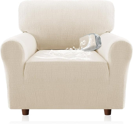 H.VERSAILTEX Jacquard Sofa Slipcover with Waterproof Seat Furniture Protector 1 Piece Stretch Sofa Covers with Elastic Bottom for Kids, Pets, Dog(Armchair, Ivory)