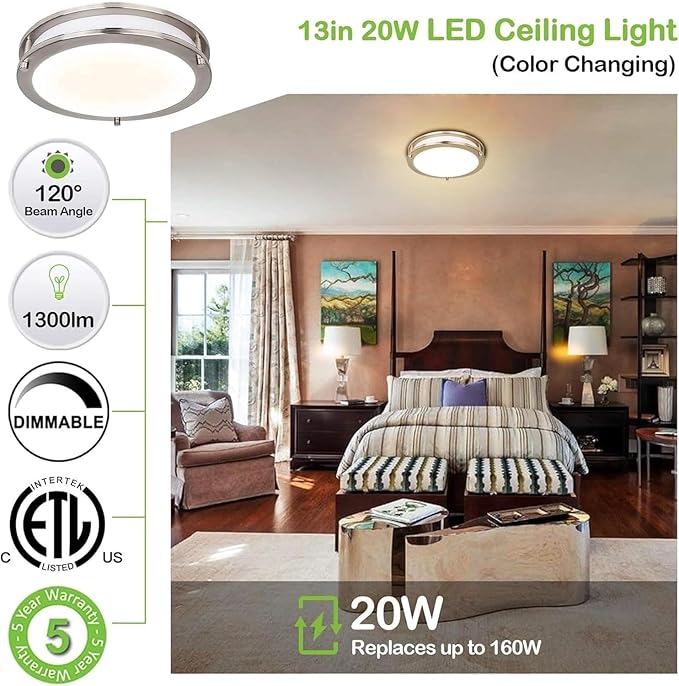 13 inch Flush Mount LED Ceiling Light Fixture, 2700K/3000K/3500K/4000K/5000K Adjustable Ceiling Lights, Brushed Nickel Saturn Dimmable Lighting for Bathroom Kitchen or Stairwell, ETL Listed - 2 Pack