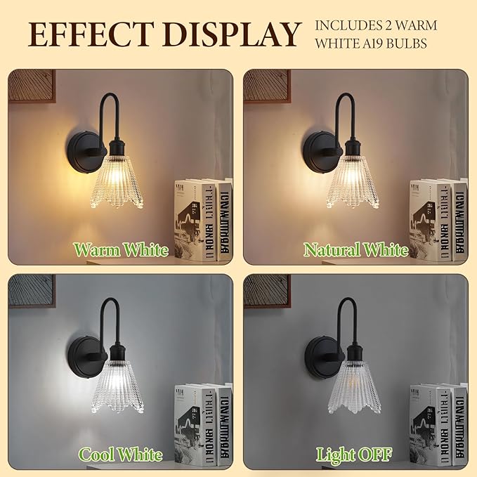 Wall Sconce Set of 2, Black Vintage Light Fixtures with Long Clear Glass Lampshade, Hardwired Sconces Wall Lighting for Bedroom, Bathroom, Living Room | Includes 2 LED Bulbs